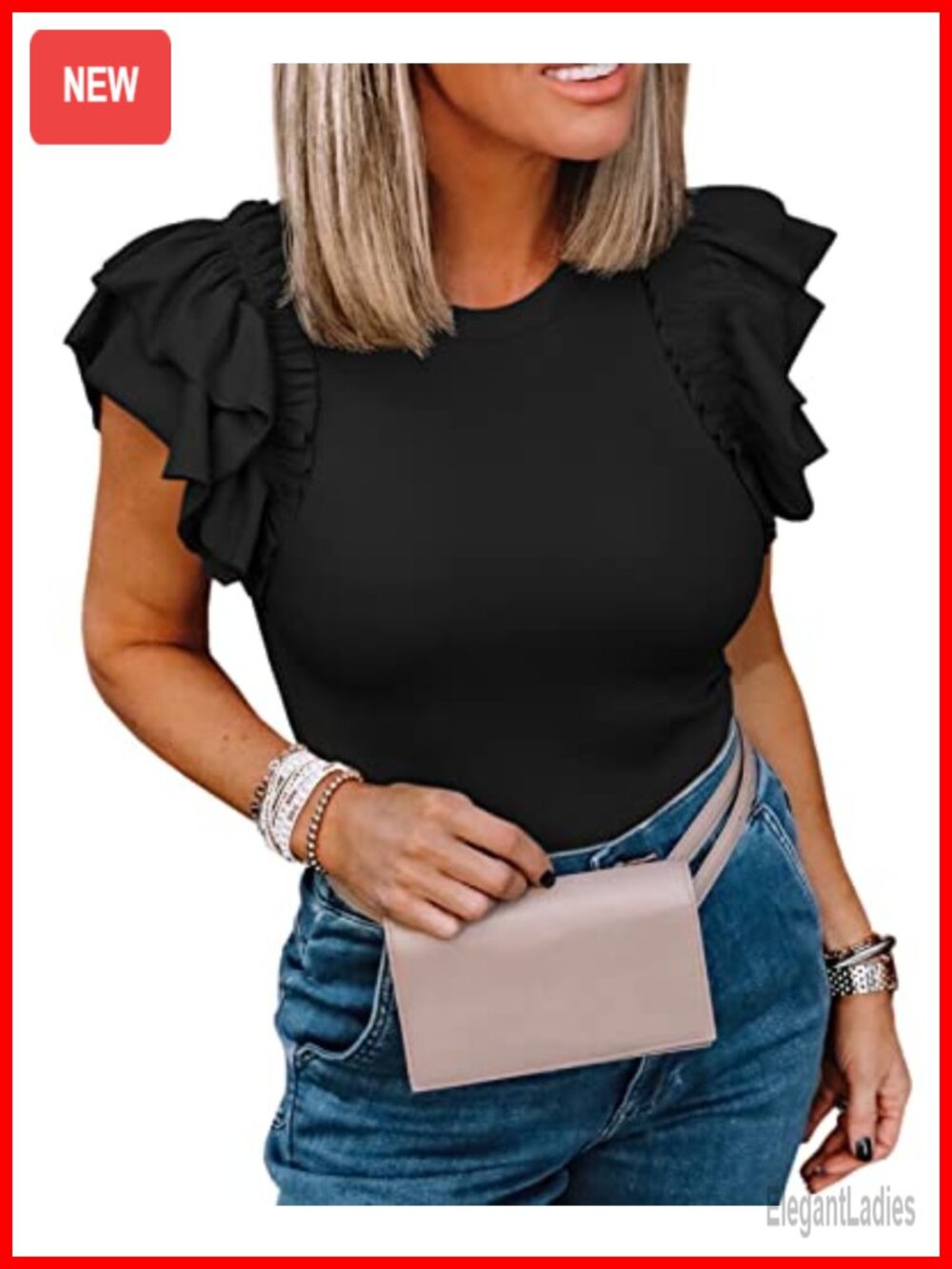 Womens Ruffle Short Sleeve Slim Fit High Neck Ribbed Knit Top